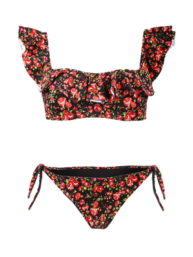Flower print ruffled bandeau bikini