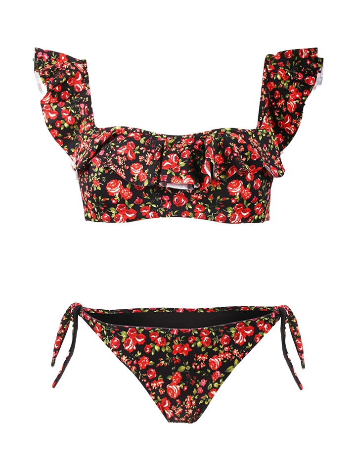 Flower print ruffled bandeau bikini