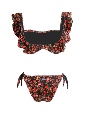 Flower print ruffled bandeau bikini
