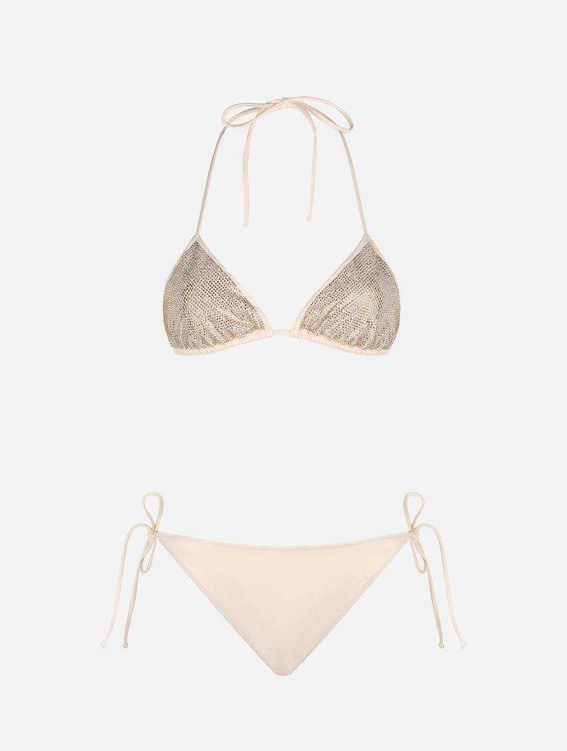 Bikini da donna a triangolo beige con strass