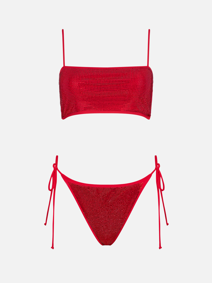 Bikini donna a fascia rosso con strass