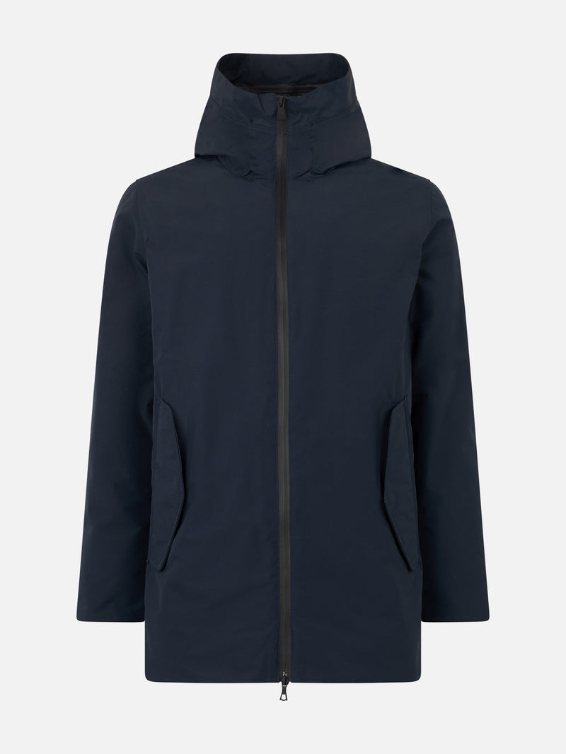 Man hooded blue Voyager parka jacket