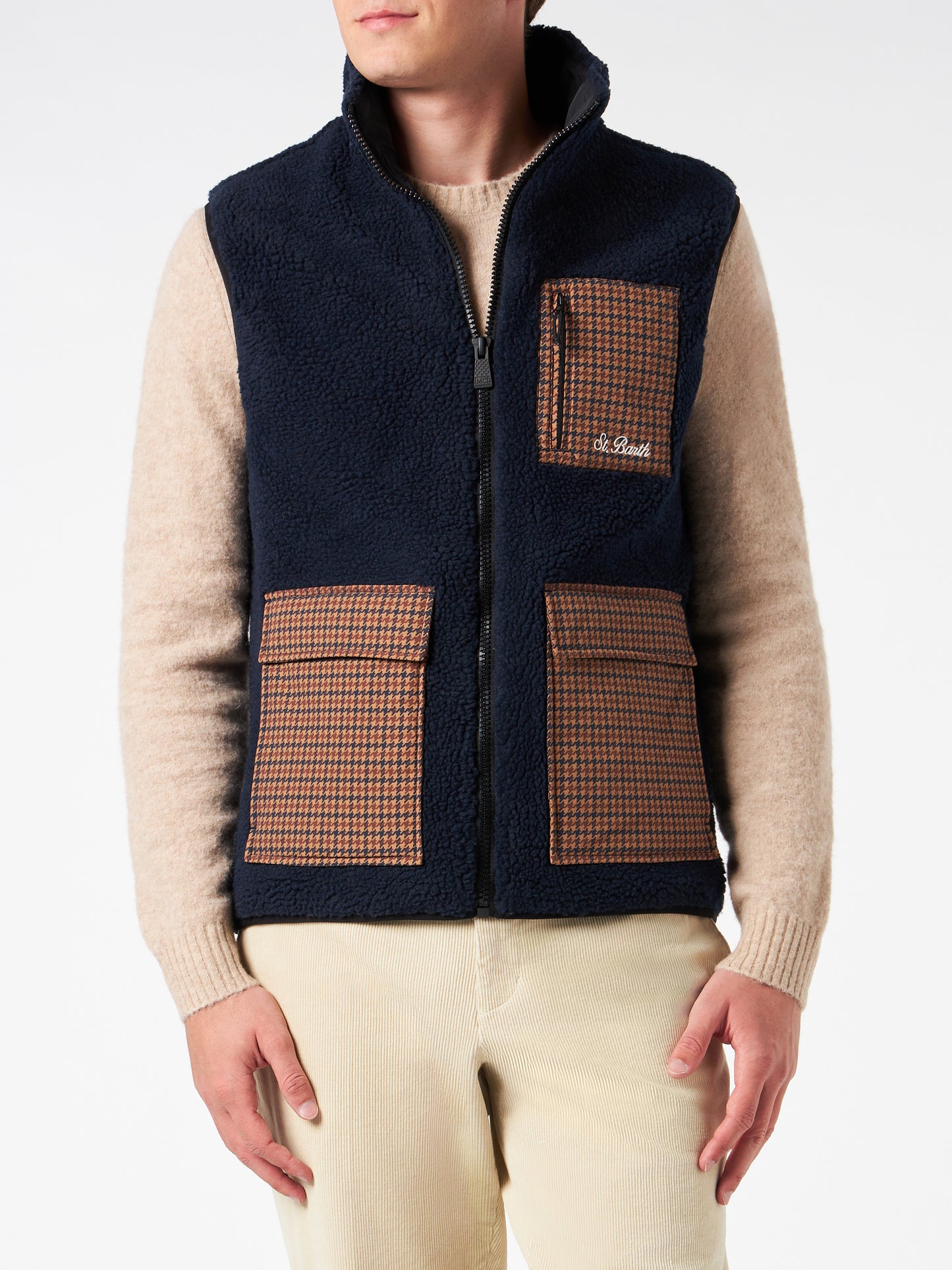 Man blue sherpa vest jacket with check patch pockets - MC2 Saint Barth