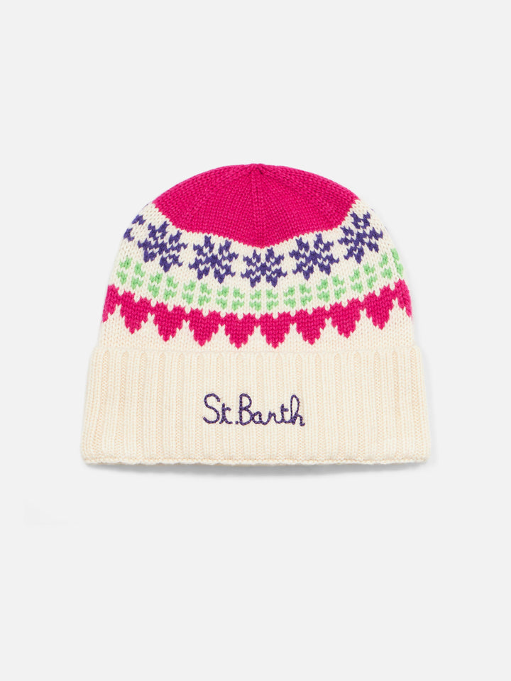 Woman white beanie with fair isle heart jacquard - MC2 Saint Barth