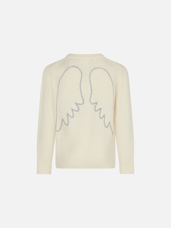 Girl white sweater angel wings embroidery