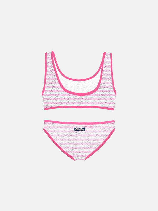 Bikini da bambina a bralette rigato crinkle con piping