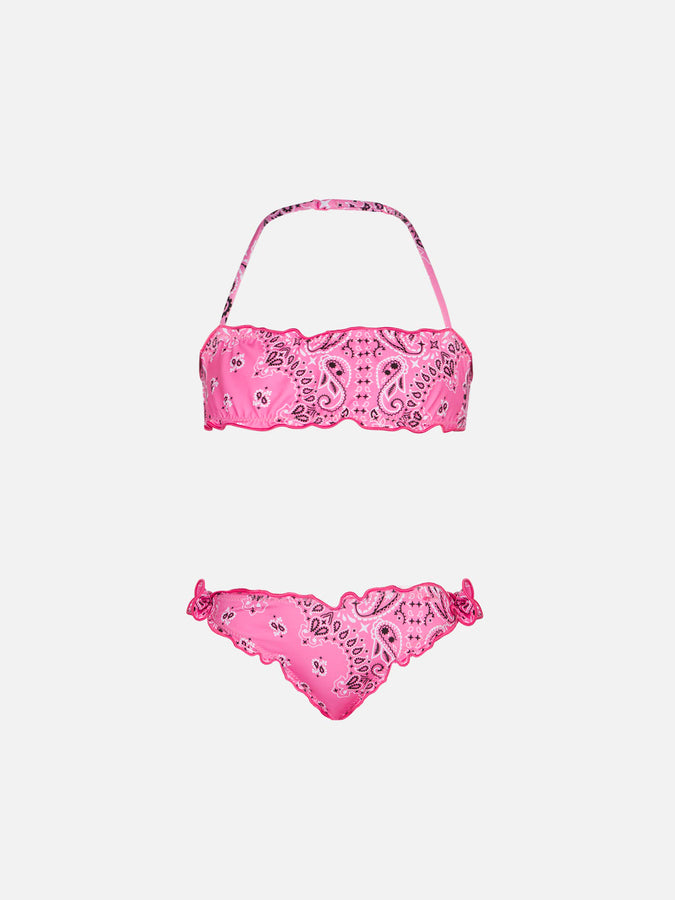 Mc2 Saint Barth Bikini da bambina a fascia con stampa bandana rosa