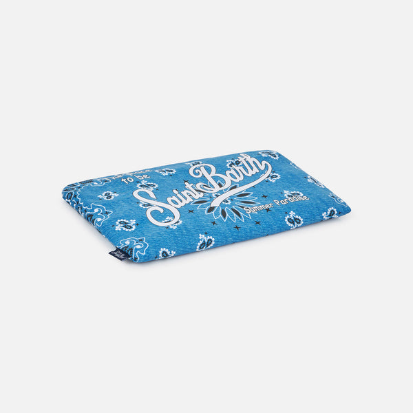 Microfiber beach towel with denim blue bandanna print