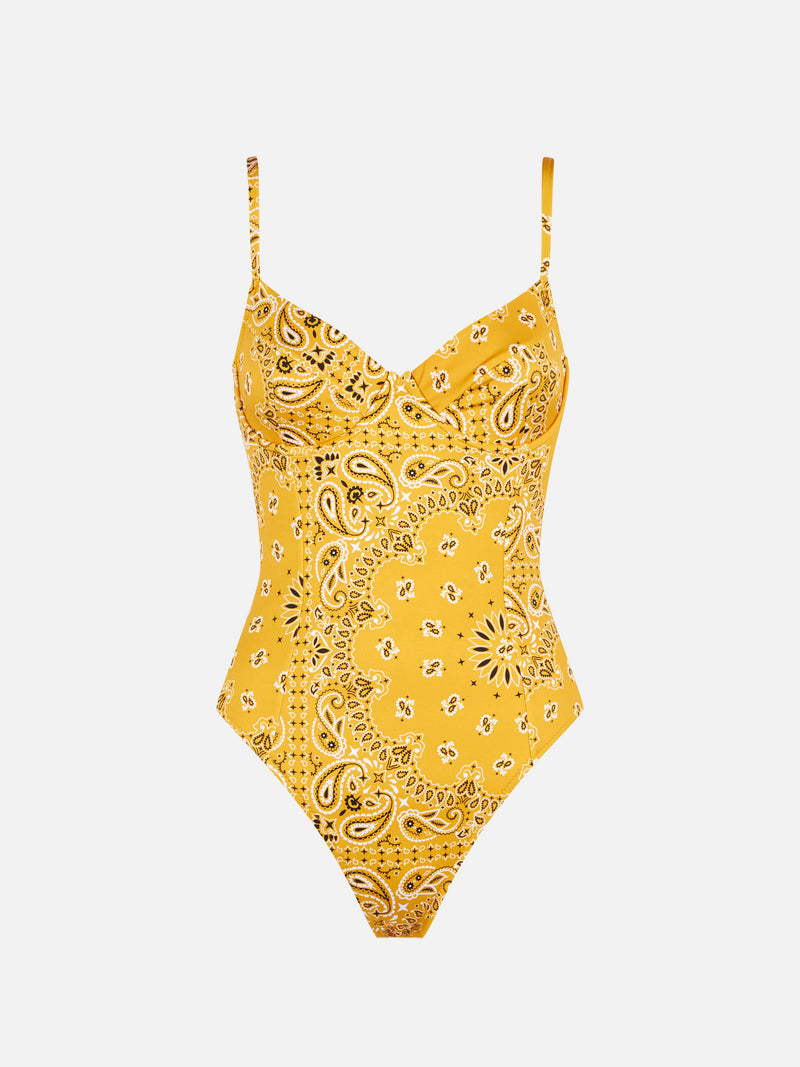 Woman underwire one piece swimsuit with bandanna print