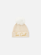 Woman white beanie with Too Cool embroidery and pompon