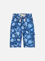 Man linen blue bermuda shorts with flower print