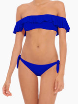 Bikini bluette con volant e spalle scoperte