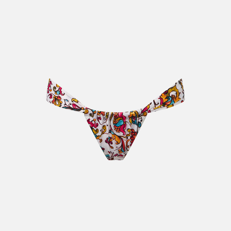 Woman cheeky swim briefs with maiolica print