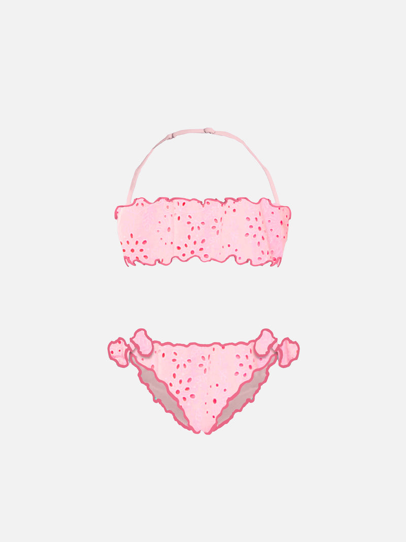 Bikini a fascia in sangallo rosa per bambina
