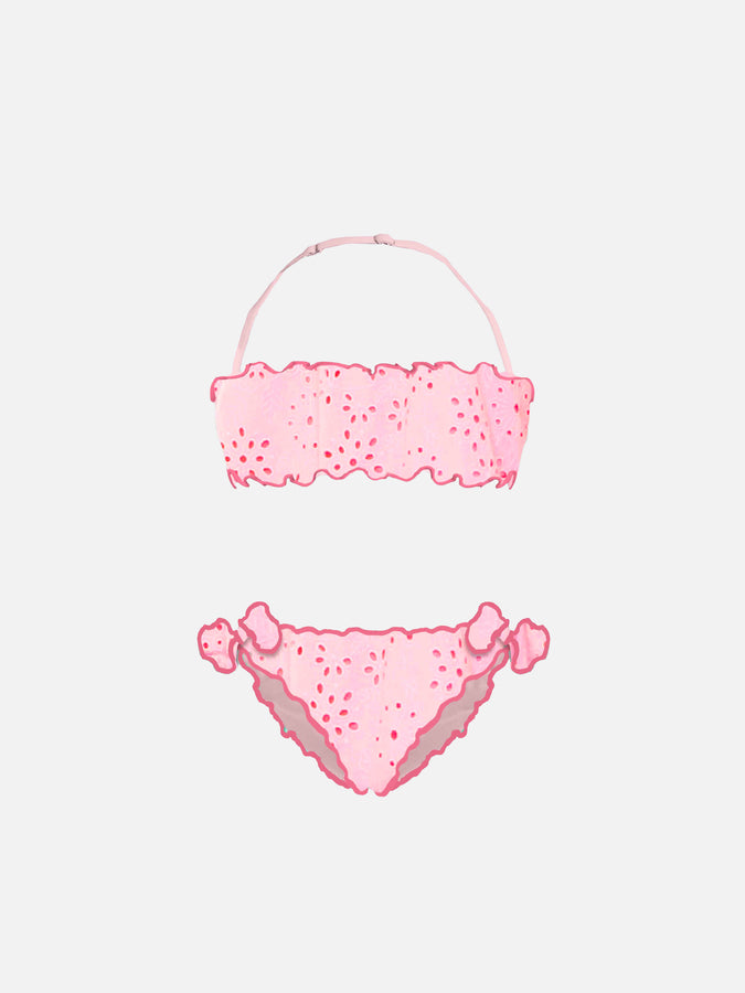 Mc2 Saint Barth Bikini a fascia in sangallo rosa per bambina