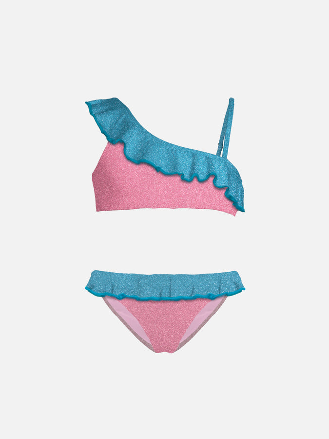 Mc2 Saint Barth Bikini da bambina monospalla in lurex con balze