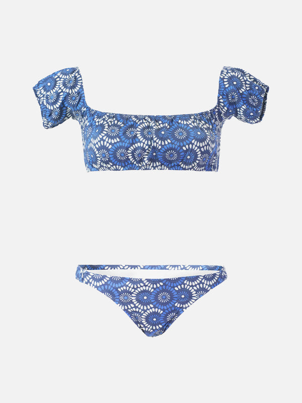 Floral denim bandeau bikini