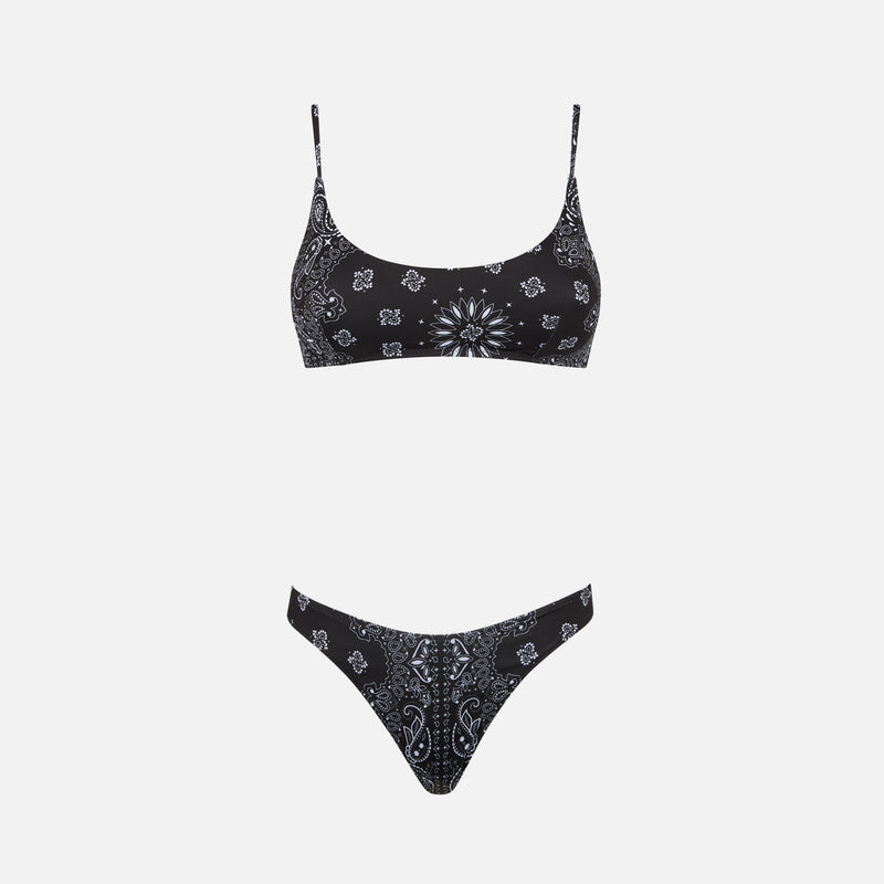 Damen-Bralette-Bikini mit schwarzem Bandana-Print