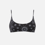 Woman black bralette swimsuit with bandanna pattern