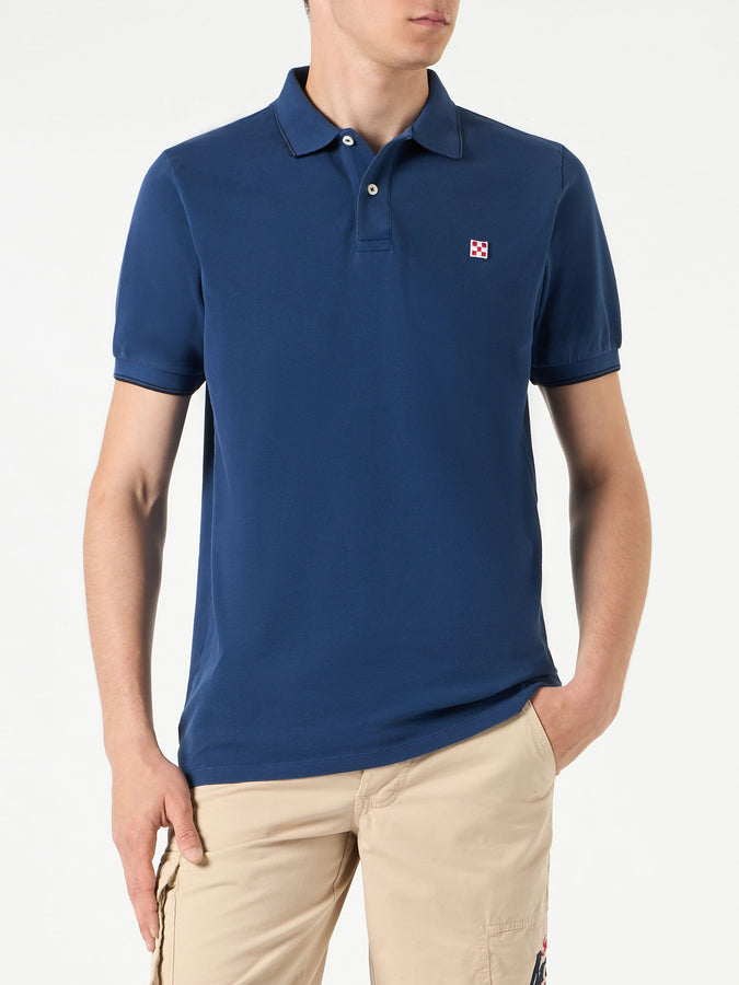 Mc2 Saint Barth Polo in denim piquet blu con logo St. Barth