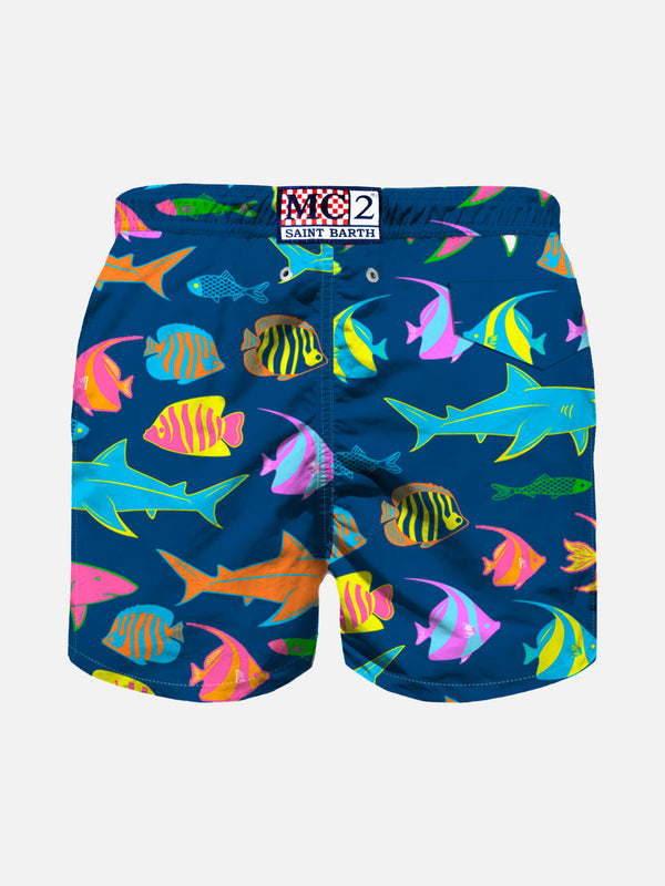 Blaue Badeshorts für Jungen mit buntem Fischmuster