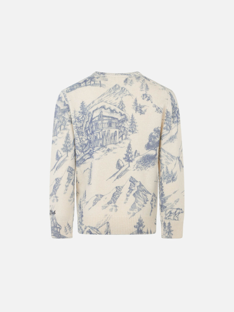 Toile de Jouy-Pullover für Jungen mit Rundhalsausschnitt und La Montagne-Stickerei