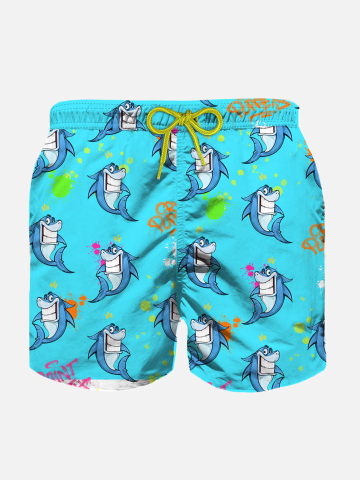 Boy light fabric swim shorts with Crypto shark print | CRYPTO PUPPETS SPECIAL EDITION - MC2 Saint Barth