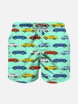 Boy light fabric swim shorts with multicolor car print