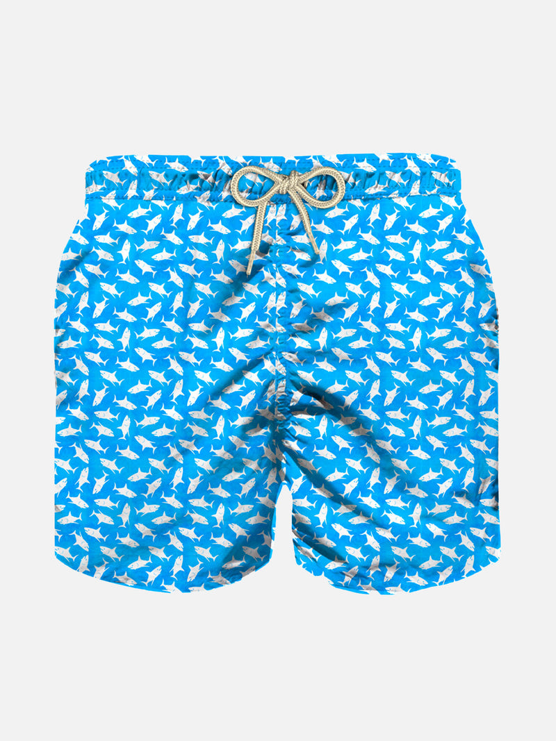 Boy light fabric swim shorts with sharks print