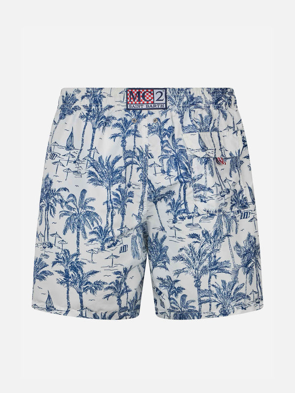 Boy mid-length Jean swim-shorts with toile de jouy print