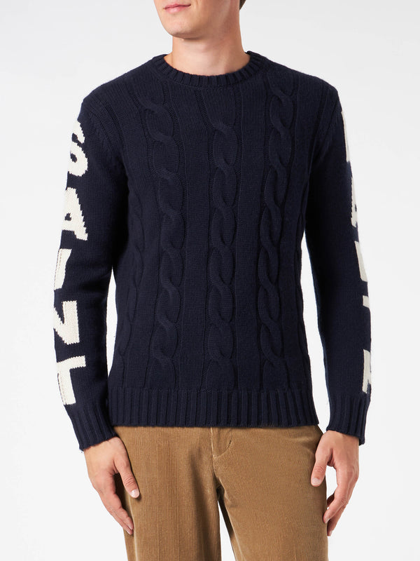 Man navy blue heavyweight cable knit sweater