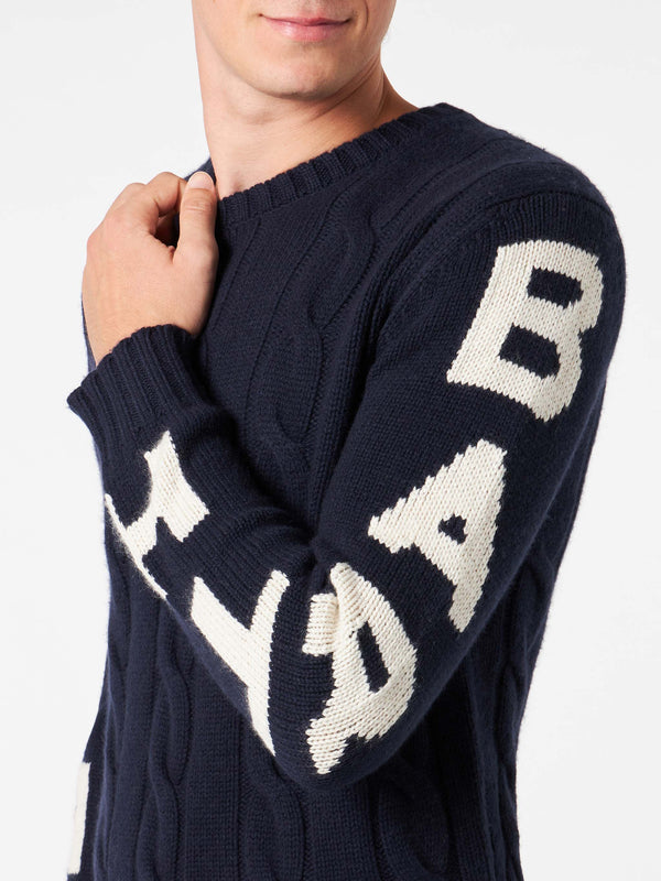 Man navy blue heavyweight cable knit sweater