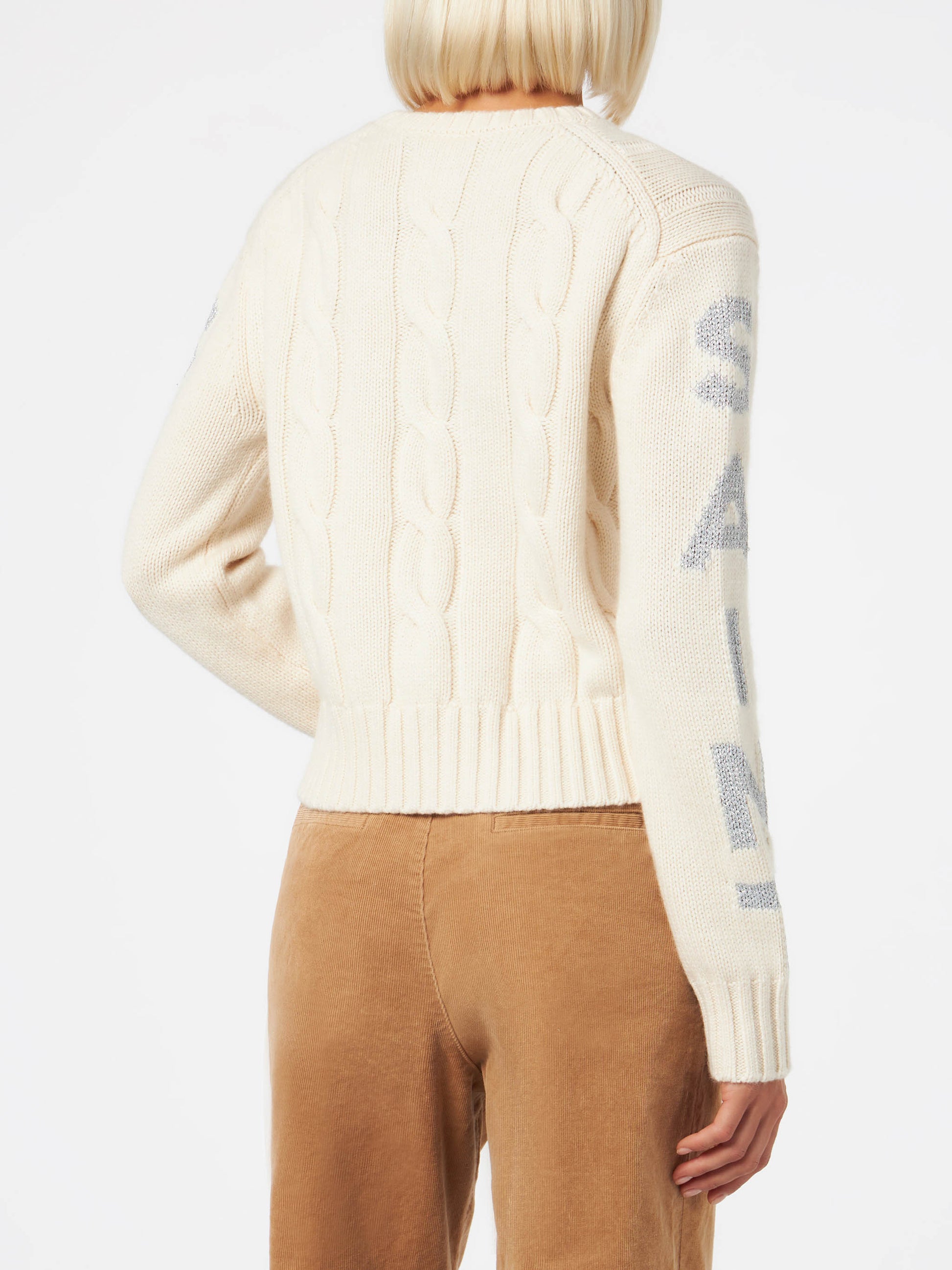 Woman crewneck braided sweater with Saint Barth lurex print - MC2 Saint Barth