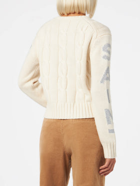 Woman crewneck braided sweater with Saint Barth lurex print - MC2 Saint Barth