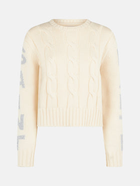 Woman crewneck braided sweater with Saint Barth lurex print - MC2 Saint Barth