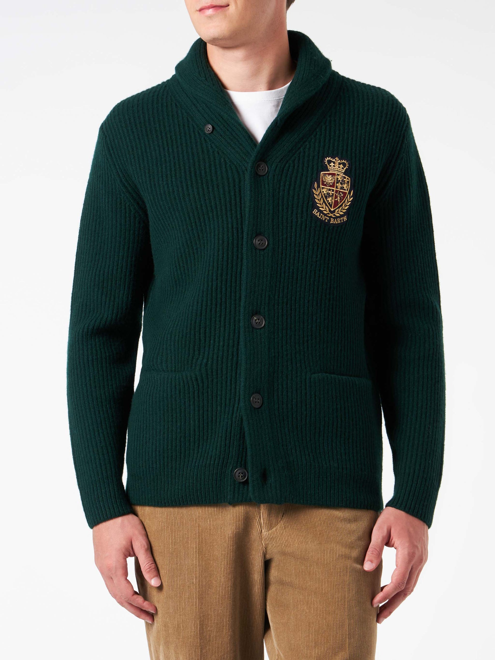 Man shawl collar green ribbed cardigan with pockets and patch - MC2 Saint Barth