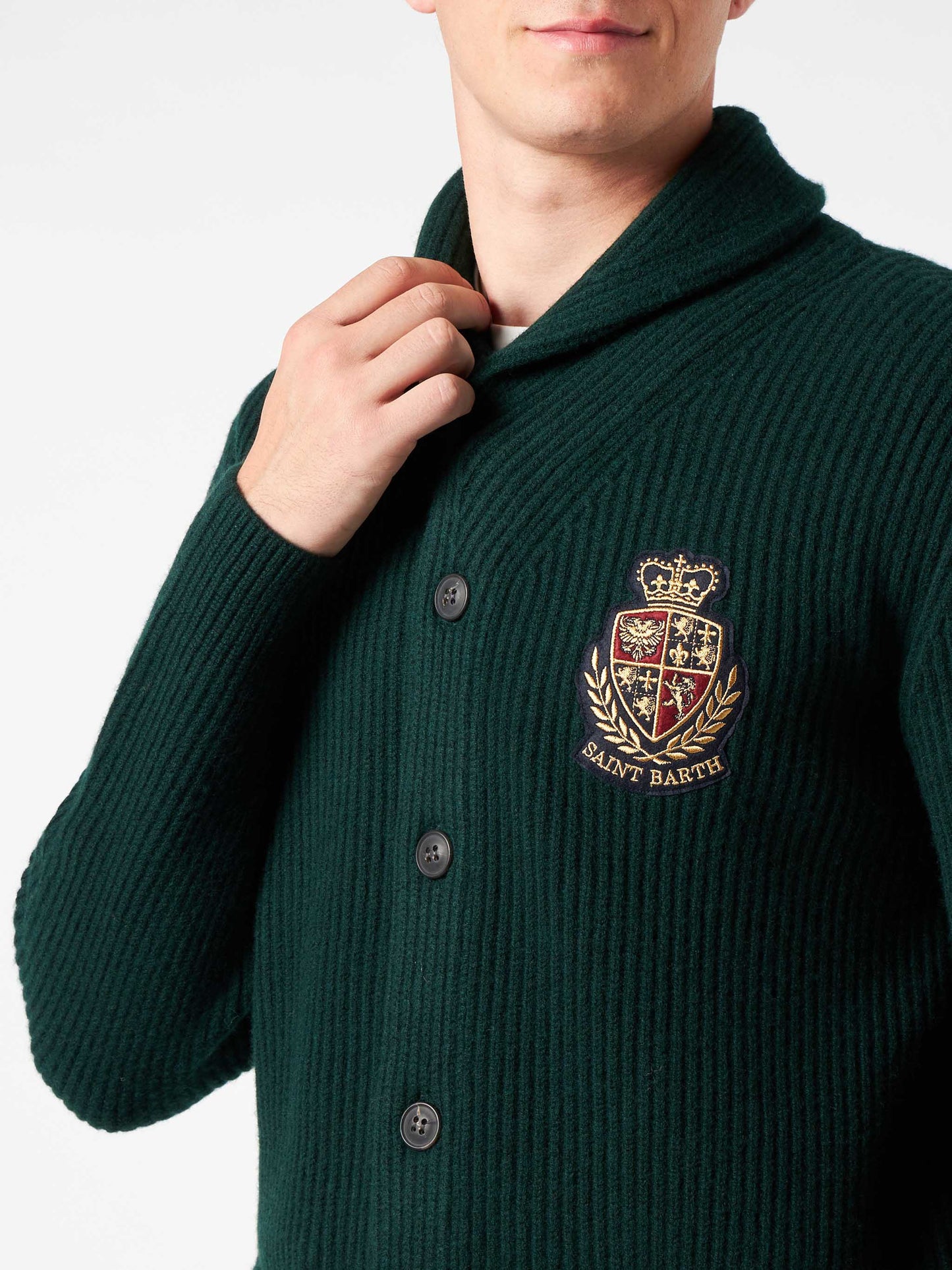 Man shawl collar green ribbed cardigan with pockets and patch - MC2 Saint Barth