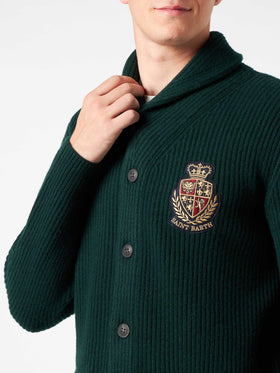 Man shawl collar green ribbed cardigan with pockets and patch - MC2 Saint Barth