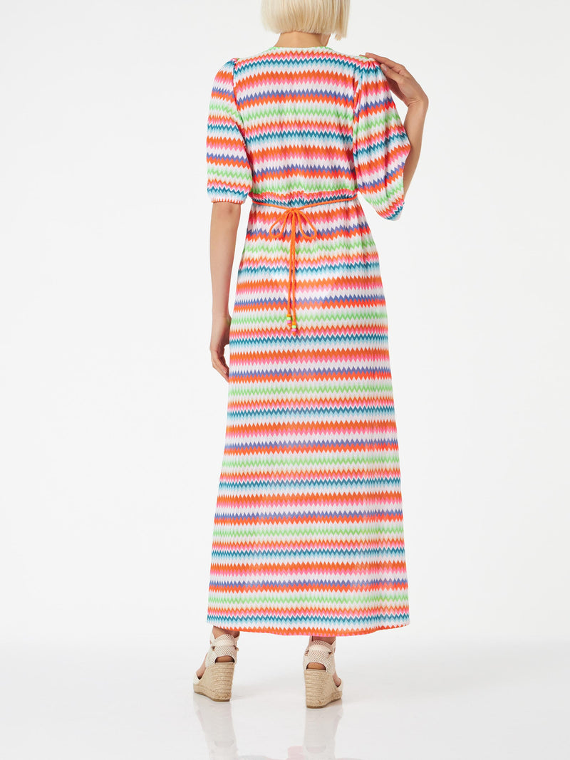 Chevron raschel knit long beach dress Bliss with striped pattern