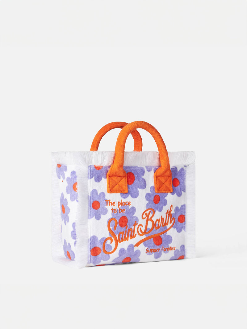 Colette-Handtasche aus Frottee mit violettem und orangefarbenem Gänseblümchen-Print