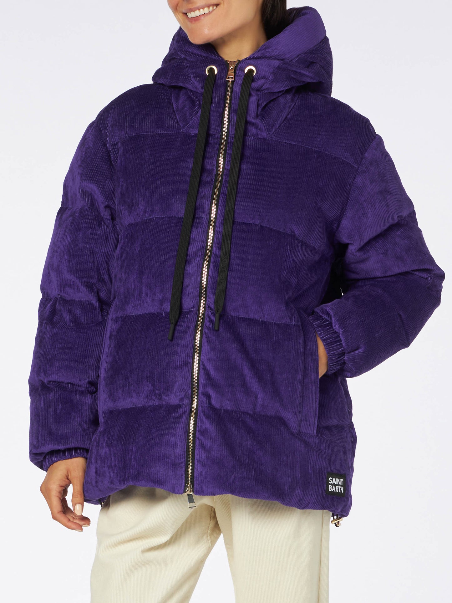 Woman purple corduroy down padded jacket with hoodie - MC2 Saint Barth