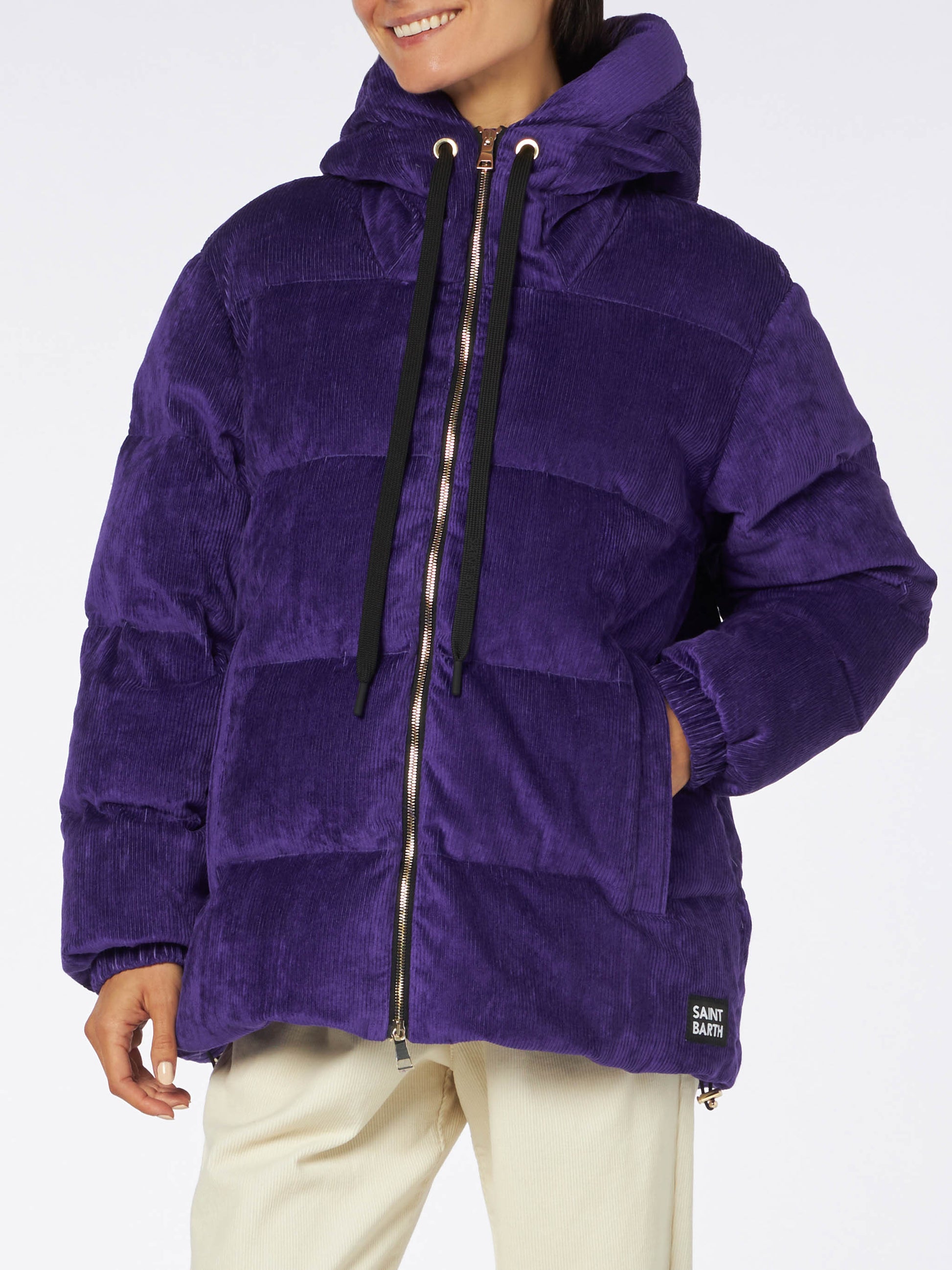 Woman purple corduroy down padded jacket with hoodie - MC2 Saint Barth
