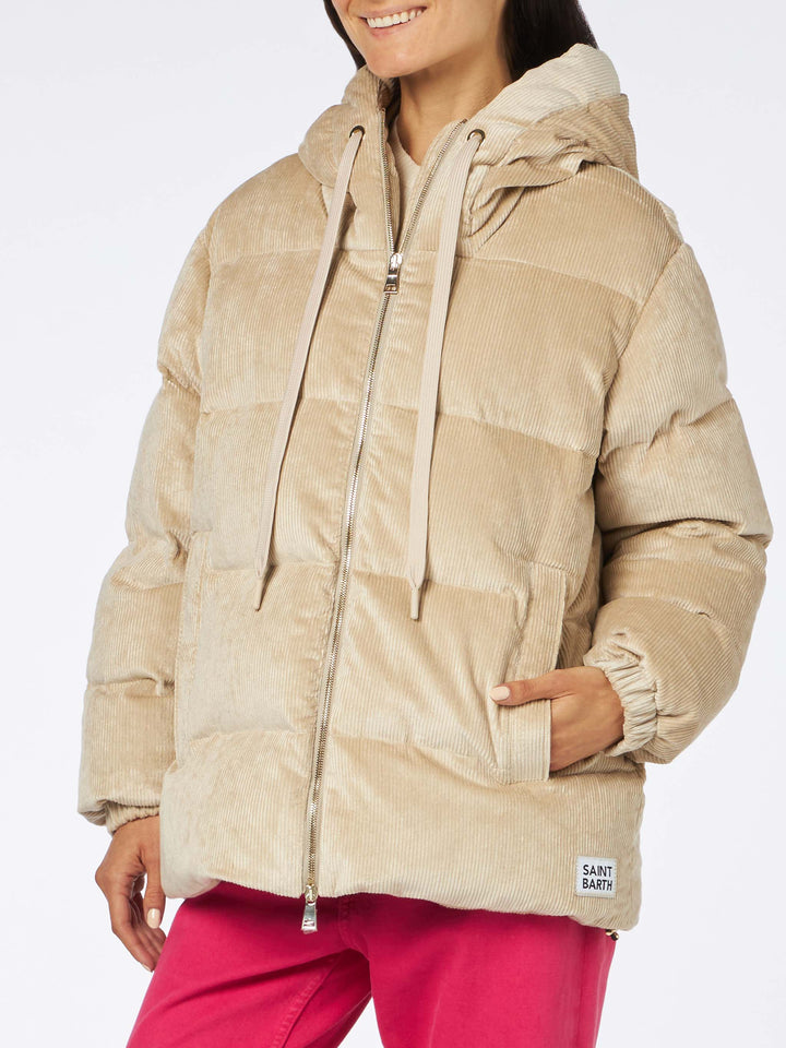 Woman beige corduroy down padded jacket with hoodie - MC2 Saint Barth
