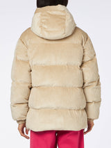 Woman beige corduroy down padded jacket with hoodie