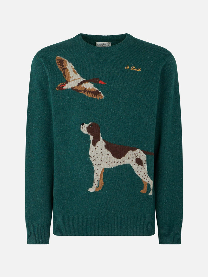 Donegal-Pullover für Herren mit Rundhalsausschnitt und Jacquard-Aufdruck mit Landhund