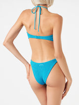 Costume da bagno trikini azzurro in lurex crinkle