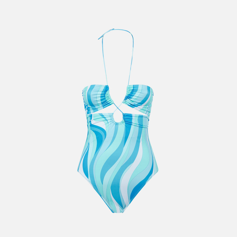 Cutout one piece swimsuit with wave print