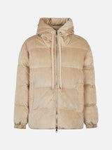 Woman beige corduroy down padded jacket with hoodie