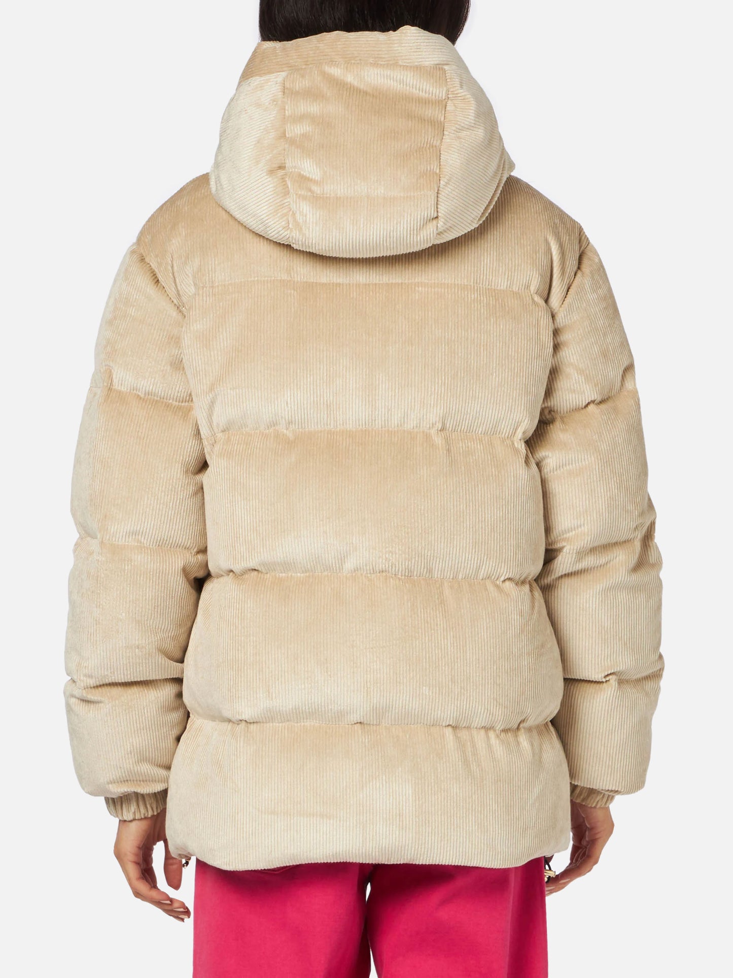 Woman beige corduroy down padded jacket with hoodie