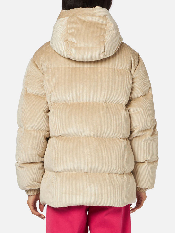 Woman beige corduroy down padded jacket with hoodie